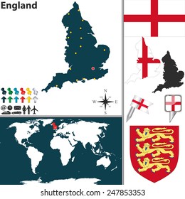 Vector map of England with coat of arms and location on world map