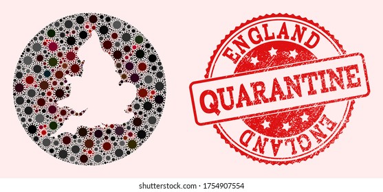 Vektorkarte von England Mosaik von Coronavirus und roten Grunge Quarantänesiegel. Infektionszellen greifen das Sperrgebiet von außen an.