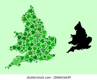 Vector Map of England. Mosaic of green grapes, wine bottles. Map of England mosaic designed from bottles, grapes, green leaves. Abstract mosaic is designed for wine production applications.