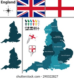 Vector map of England with regions and flags