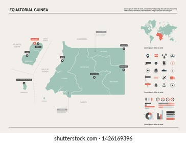 Vector map of Equatorial Guinea. Country map with division, cities and capital Malabo. Political map,  world map, infographic elements.  