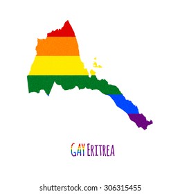 Vector map of Eritrea in LGBT (lesbian, gay, bisexual, and transgender) flag colors and GAY Eritrea caption on white background. Rainbow flag with denim textile texture.