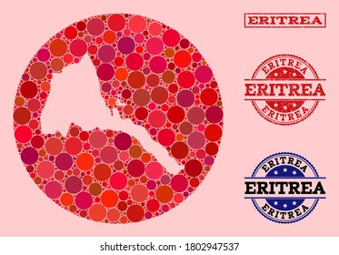 Vector map of Eritrea mosaic of circle blots and red rubber seal. Stencil circle map of Eritrea collage formed with circles in different sizes, and red color hues.