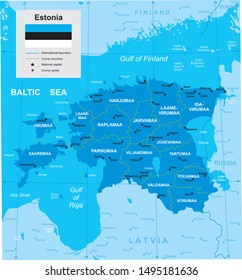 vector map of Estonia with borders of regions and flag in blue tones 