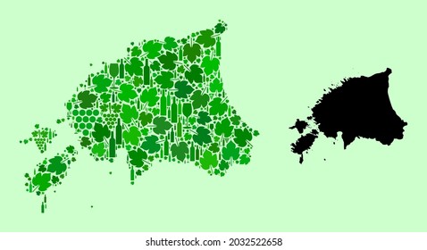 Vector Map of Estonia. Collage of green grape leaves, wine bottles. Map of Estonia collage composed with bottles, grapes, green leaves. Abstract collage is useful for marketing agitation.
