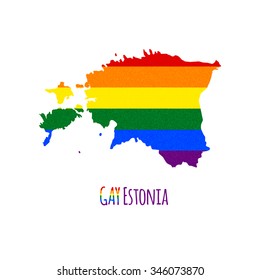 Vector map of Estonia in LGBT (lesbian, gay, bisexual, and transgender) flag colors and GAY Estonia caption on white background. Rainbow flag with denim textile texture.