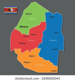 Vector map of Esvatini with names of cities and with borders city