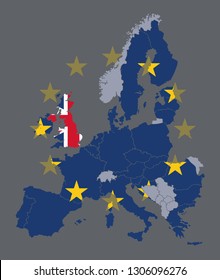 Vector map of EU member states with European Union flag and the UK singled out with United Kingdom flag during Brexit process
