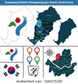 Vector Map Of Eunpyeong District Or Gu Of Seoul Metropolitan City In South Korea With Flags And Icons