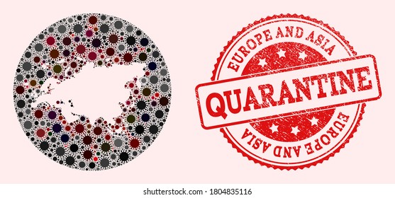Vector map of Europe and Asia collage of SARS virus and red grunge quarantine stamp. Infection cells attack the quarantine territory from out space.