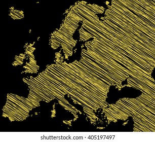 vector map of the Europe drawing in yellow marker on a black background. Sketch for infographics, brochures and presentations