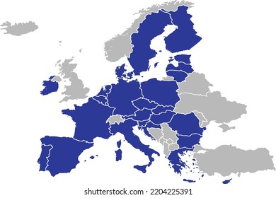 Vector map of Europe, highlighting all countries which are official members of the EU, with clear country borders and separately select-able counties. 