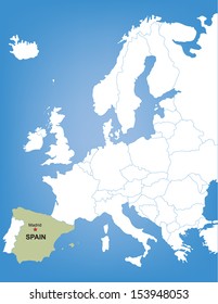 Vector Map of Europe Highlighting the Country of Spain