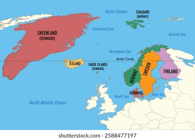 Vector Map of Europe Highlighting Nordic Countries and Autonomous Territories – Infographic Illustration