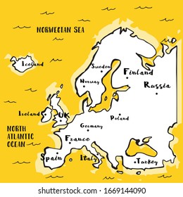 Vector map. Europe map on yellow background, illustration