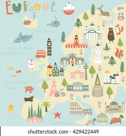 Vector Map Of Europe With Sights, Animals, Trees And Flowers In Cartoon Style