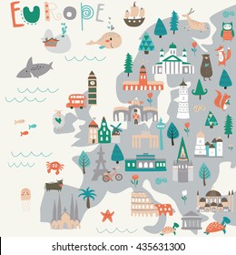 Vector Map Of Europe With Sights, Animals, Trees And Flowers In Cartoon Style