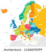 Vector map of European Continent with Countries, Capitals, Main Cities and Seas and islands names in strong brilliant colors.