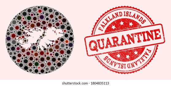 Mapa vectorial del collage del virus del SARS en las Islas Malvinas (Falkland Islands) y del sello de cuarentena de grunge rojo. Células de infección alrededor del territorio de cuarentena desde el exterior.