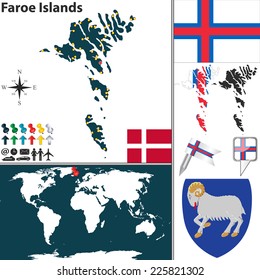 Vector map of Faroe Islands with coat of arms and location on world map