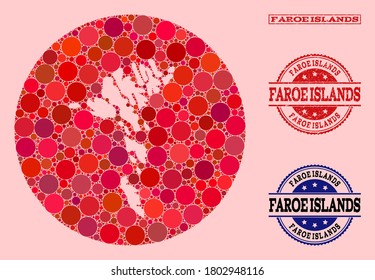 Vector map of Faroe Islands mosaic of circle dots and red scratched seal. Hole round map of Faroe Islands collage created with circles in variable sizes, and red color tints.