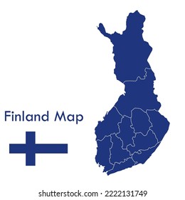 Vector map of Finland in blue divided cities and territories separately.