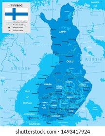 vector map of Finland with borders of regions and flag in blue tones 