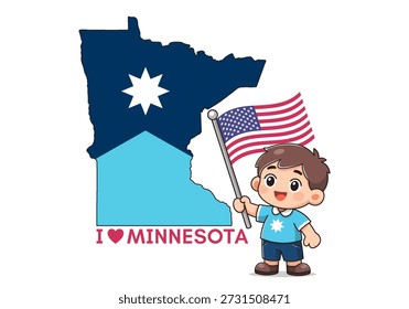 Vector map in flag colors. I love Minnesota. Cute cheerful cartoon boy waving United States of America banner. Isolated background. American state