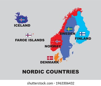 Vector map and flag Nordic Countries 
Iceland Sweden finland 
Faroe Islands Norway Denmark