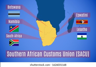 Vector Map And Flags Of The Southern African Customs Union (SACU).