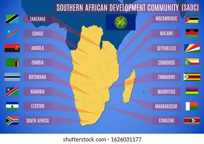 Vector map and flags of the Southern African Development Community (SADC).