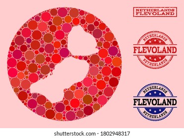 Mapa vectorial de la provincia de Flevoland, collage de elementos redondos y foca rayada roja. Mapa de círculo de esténcil del collage de la provincia de Flevoland formado con círculos de varios tamaños y tonos de color rojo.