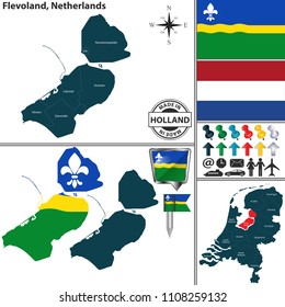 Vector map of Flevoland region and location on Dutch map