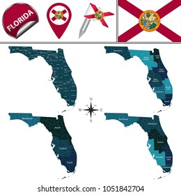 Vector Map Of Florida With Named Regions And Travel Icons