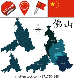 Vector map of Foshan, China with named divisions and travel icons. There are chinese characters in a set - it means Foshan