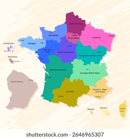 Mapa vetorial de França com todos os territórios e ilhas e designação de regiões e centros administrativos.