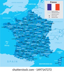 vector map of France with borders of regions and flag in blue tones