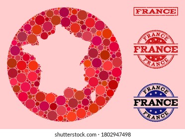 Vector map of France collage of spheric spots and red scratched seal. Stencil circle map of France collage designed with circles in variable sizes, and red color tints.