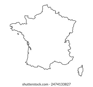 Vector map of France, a country in Western Europe. Detailed black contour, isolated on white background.