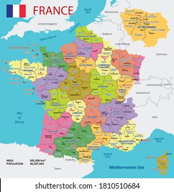 Vector Map of France with detailed Administrative divisions and borders, City and Region Names and international bordering countries in bright colors palette