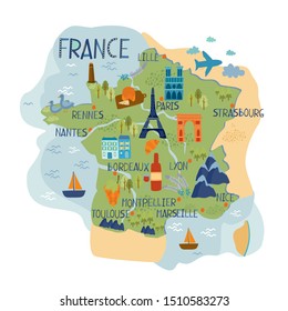 vector map of france. European country. french food and architecture