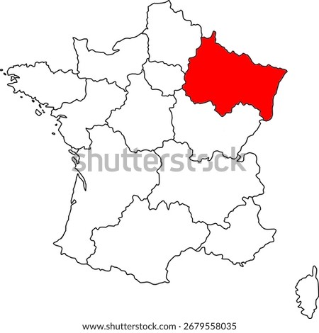 A vector map of France highlighting the region of Grand Est. Ideal for geographical studies, regional reports, and data visualization projects.

