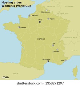 vector map of France with hosting cities of Woman's World Cup 2019 soccer football sports championship tournament country geography cartography