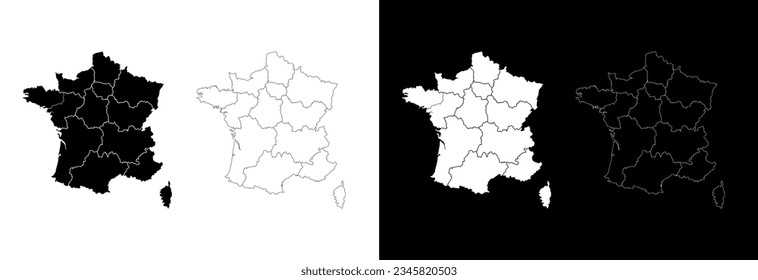 Mapa vectorial de Francia aislado en fondo blanco y negro.
