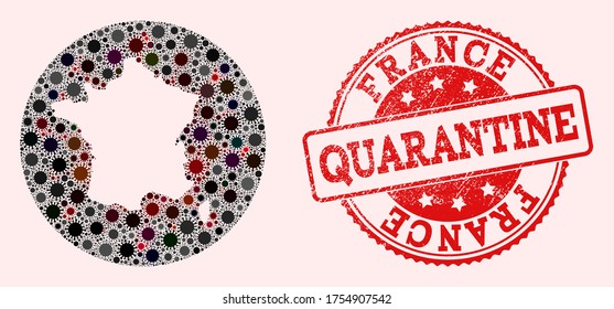 Vector map of France mosaic of flu virus and red grunge quarantine seal stamp. Infection cells around the quarantine territory from out space.