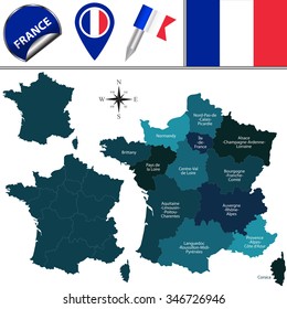 Vector map of France with named regions and travel icons. According to the law in 2014 by French Parliament that reduced the number of regions from 22 to 13.