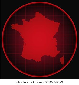 Vector map France on the radar screen. Template Europe country for pattern, report, background. Concept outline of the state France for news, infographic. Contour map for your design, illustration