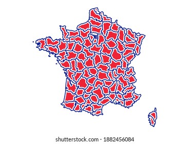 Vector map of France painted in colors of the French flag. 