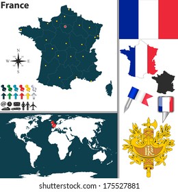 Vector map of France with regions, coat of arms and location on world map