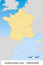 Vector map of France with regions. Escale 1:60000000 Lambert projection